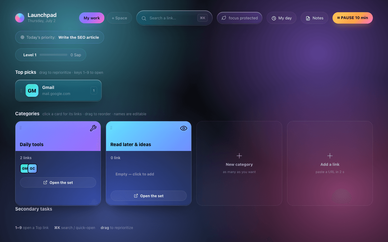 A busy browser launchpad before a priority is protected